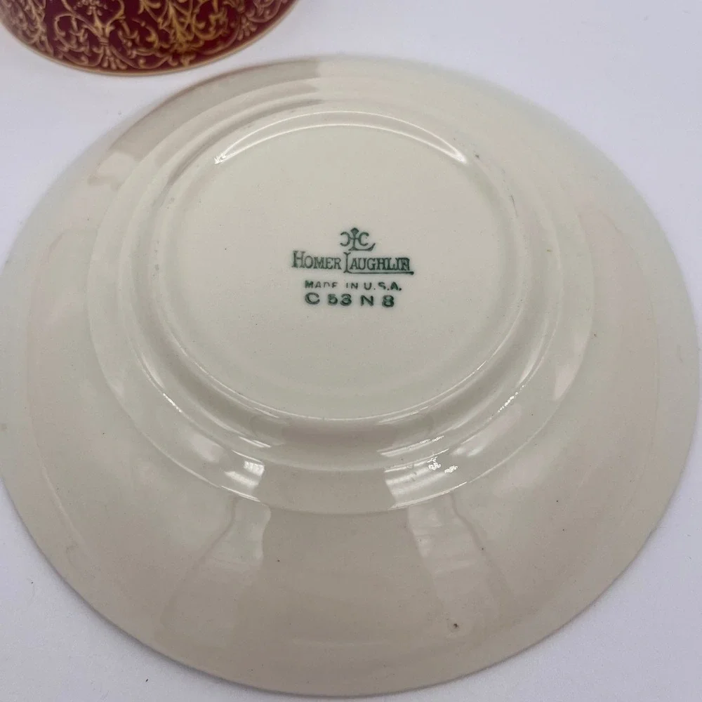 Homer Laughlin Lady Stratford Tea Cup and Saucer Set Maroon Gold Rose 2 Piece